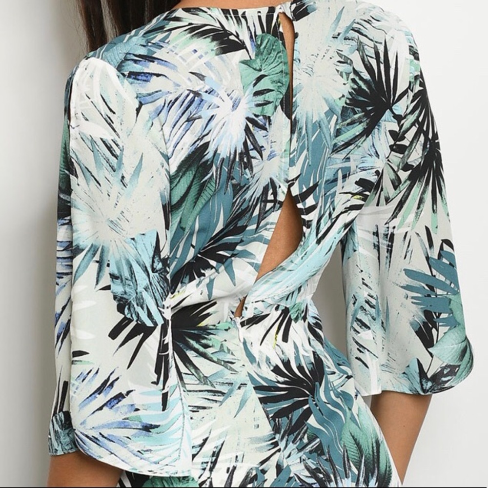 ❌DONATED❌Sage Green Ocean Blue Leaf Print Lined V-neck Dress - Picture 3 of 9